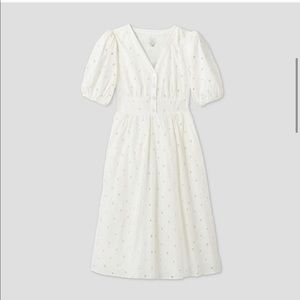 White Eyelet Midi Dress with Puff Sleeves